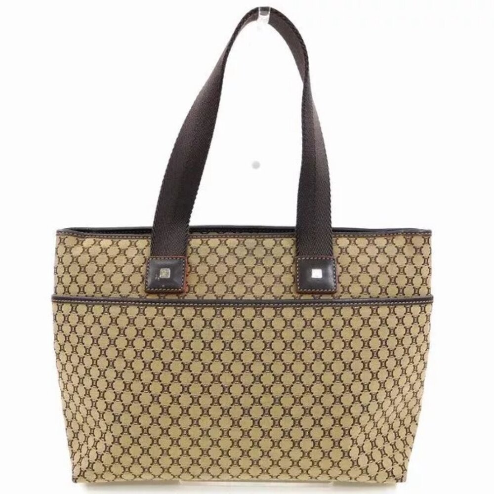 CELINE Tote Bag Macadam Beige ?~ Canvas ?~ Leather Authentic USED